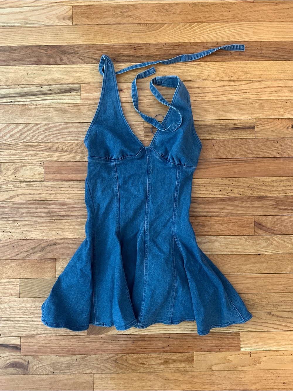 Denim Halter Fit-and-Flare Dress in Blue NEW
